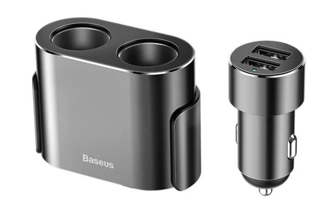 Baseus High Efficiency One to Two Cigarette Lighter (dual-cigarette lighter 80W +dual USB 3.1A) - Black